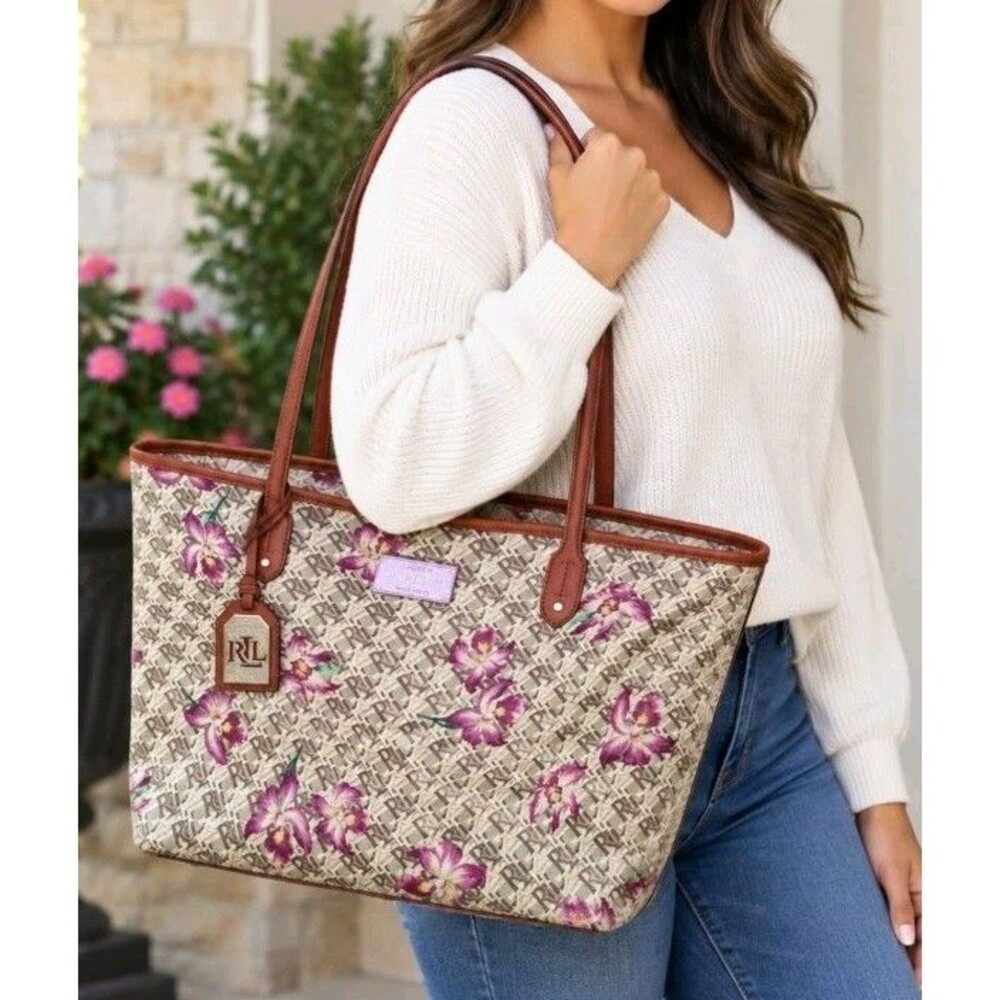 Lauren Ralph Lauren Floral Monogram Tote Zip Silver Hardware